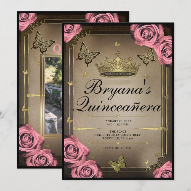 Convites Grinalda de Borboletas Rosas Quinceañera  (Frente/Verso)