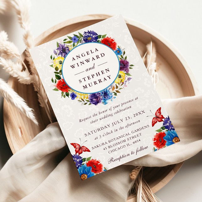 Convites Grinalda de casamento de flores vermelhas e azuis  (Criador carregado)