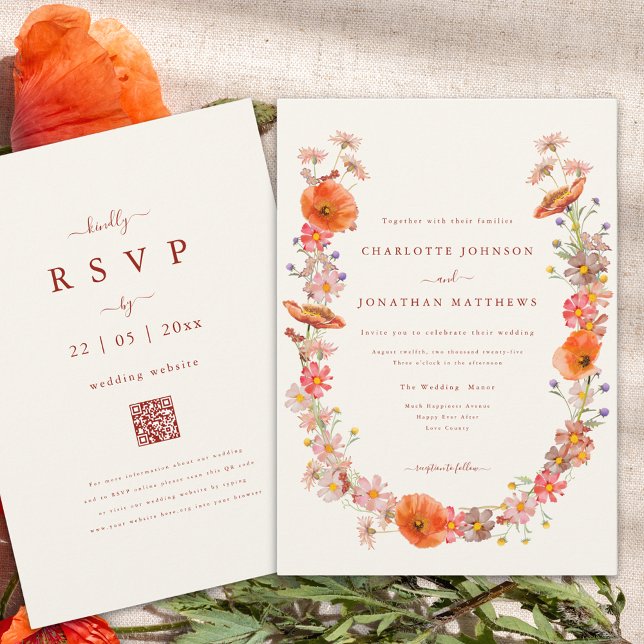 Convites Grinalda de Flores Silvestres Elegantes para Casam (boho wildflower wreath fall wedding invitation with elegant burnt orange script and qr code)