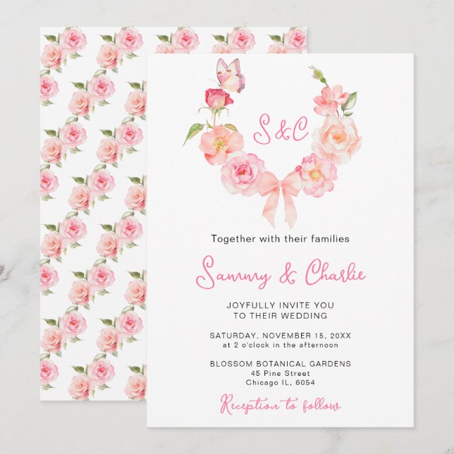 Convites Grinalda de Rosa Rosa Corada Fita de Casamento (Frente/Verso)
