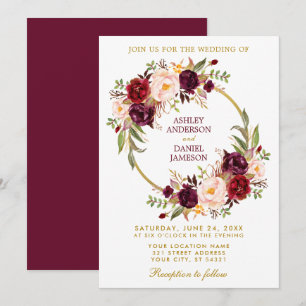 Convites Grinalda floral B Wedding Dourado de Borgonha da