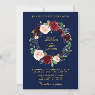 Convites Grinalda floral Borgonha B Wedding Dourado azul
