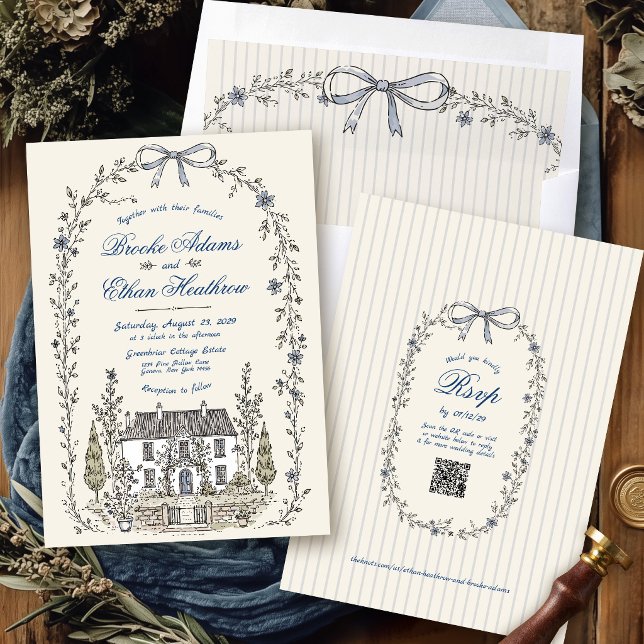 Convites Grinalda Floral de Jardim de Casa de Campo Caprich (Whimsical cottage garden hand Drawn manor floral wreath bow stripes QR code rsvp wedding invitation)