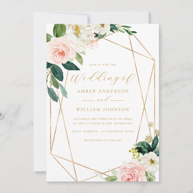 Convites Grinalda Floral Geo Rosa Corada Casamento   (Frente)