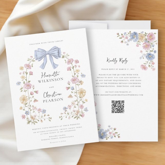 Convites Grinalda Floral Pastel Código QR Site de Casamento (Criador carregado)