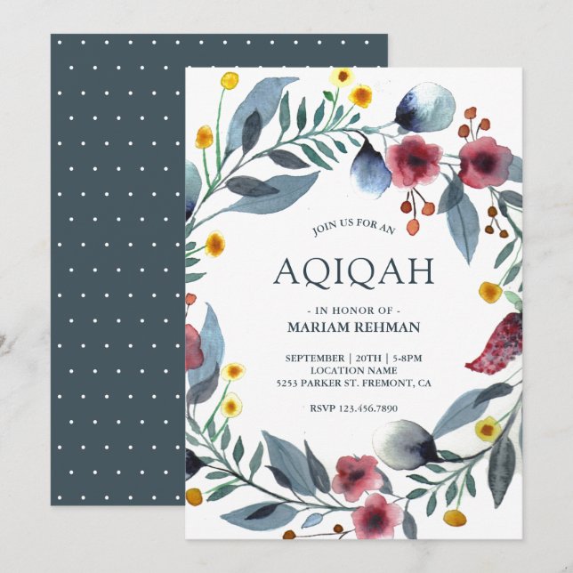 Convites Grinalda Floral Vibrante em Aquarela Aqiqah (Frente/Verso)