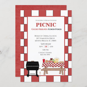 Convites Gripe CHURRASCO Picnic com Tablecloth Vermelho