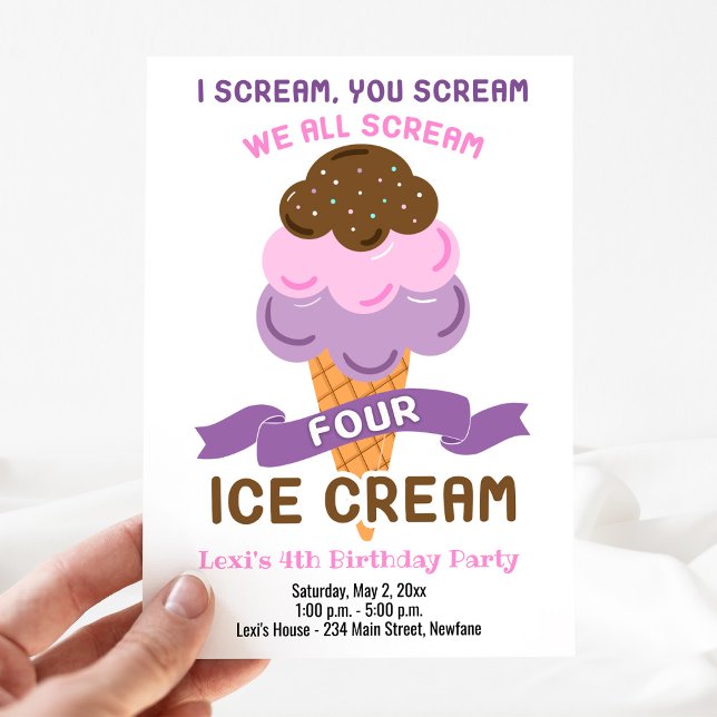 Convites Gritar 4 Garota Sorvete 4º Aniversário (Ice Cream Birthday Invitation for a 4-year old girl: We all scream FOUR ice cream)