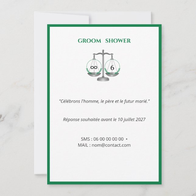 Convites Groom Shower  - Vert Émeraude et Gris Anthracite (Verso)