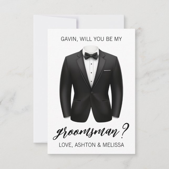 Convites Groomsman Proposal Card, Black Tuxedo, Suit Jacket (Frente)