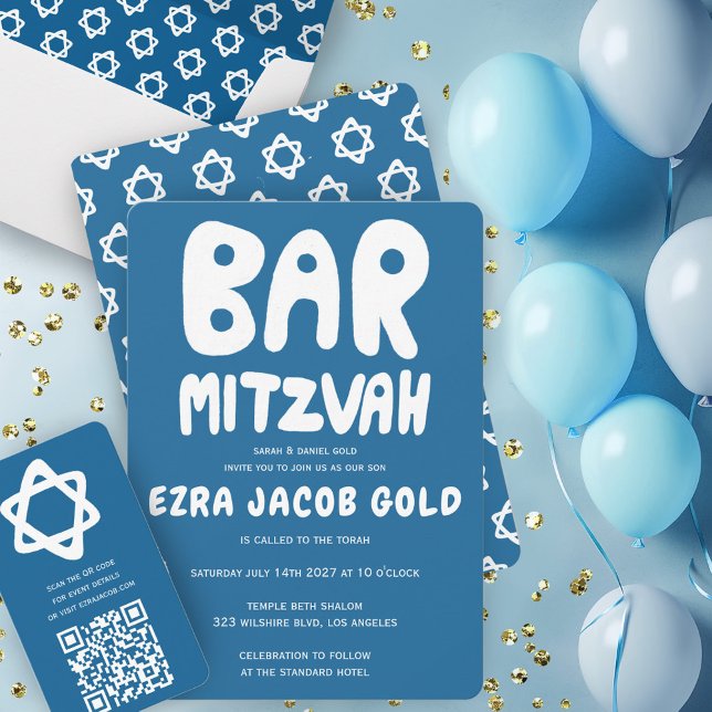 Convites Groovtering Handlettering Bar Personalizado Mitzva (Groovy Handlettering Custom Bar Mitzvah Blue Stars Invitation Collection)