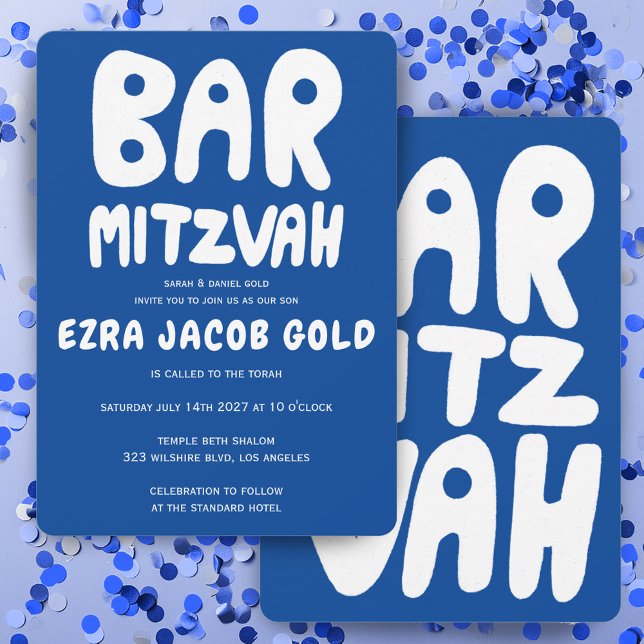 Convites Groovtering Handlettering Bar Personalizado Mitzva (Groovy Handlettering Custom Bar Mitzvah Blue White Invitation
)