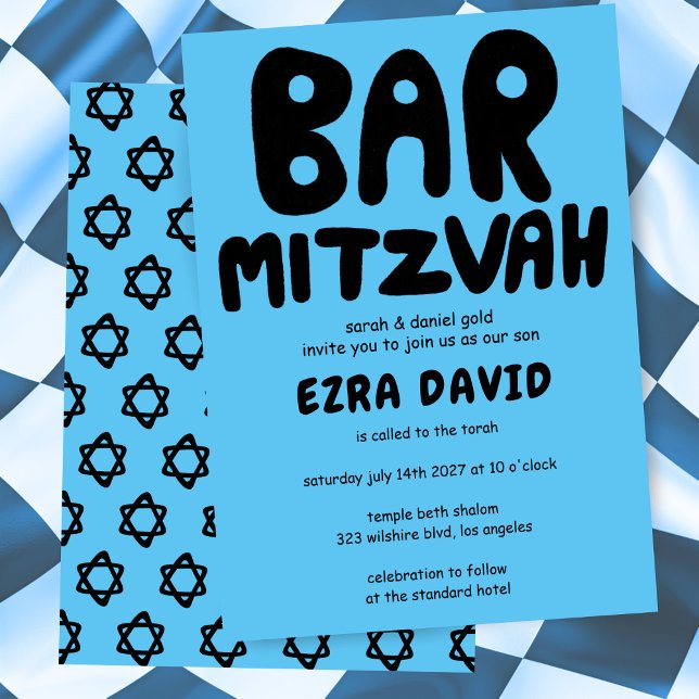 Convites Groovtering Handlettering BAR Personalizado Mitzva (Groovy Handlettering Custom BAR Mitzvah Bold Blue Stars Invitation
)