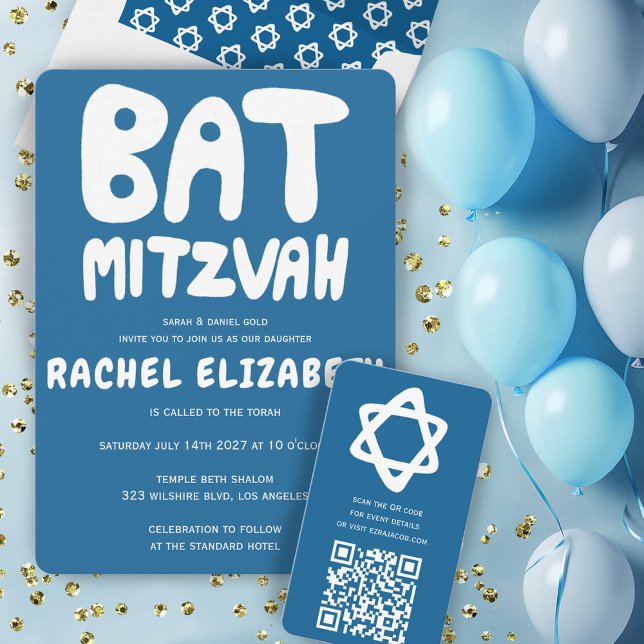 Convites Groovtering Handlettering Custom Bat Mitzvah Blue  (Groovy Handlettering Custom Bat Mitzvah Blue Stars Invitation
)