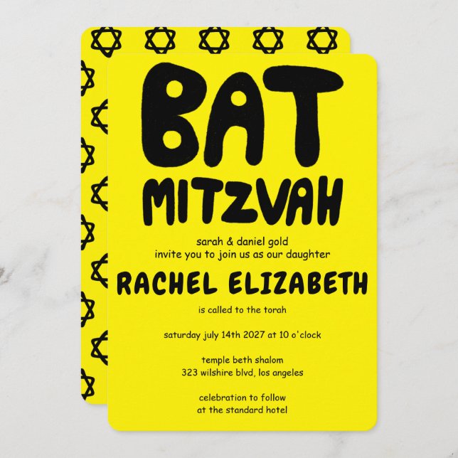 Convites Groovtering Handlettering Custom Bat Mitzvah Bold  (Frente/Verso)