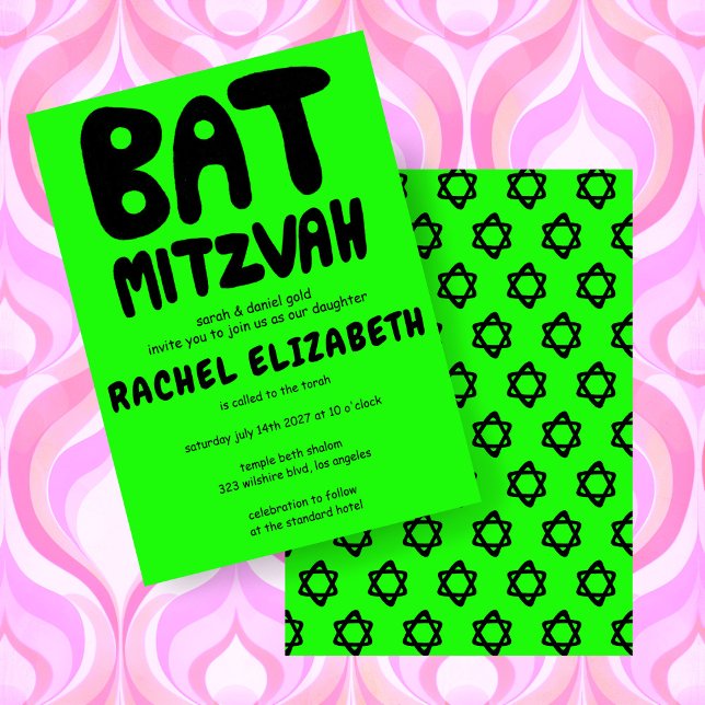 Convites Groovtering Handlettering Custom Bat Mitzvah Neon  (Groovy Handlettering Custom Bat Mitzvah Neon Green Brat Stars Invitation
)