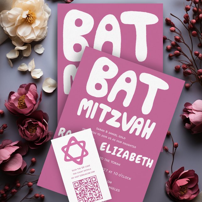 Convites Groovtering Handlettering Personalizado Bat Mitzva (Groovy Handlettering Custom Bat Mitzvah Pink Invitation
Collection)