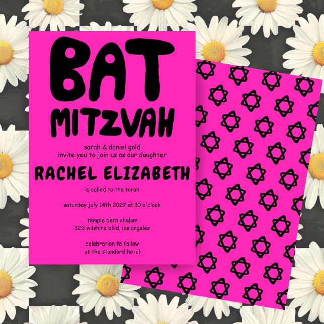 Convites Groovtering Handlettering Stars Rosa Mitzvah Perso (Groovy Handlettering Custom Bat Mitzvah Hot Pink Stars Bold Invitation
)