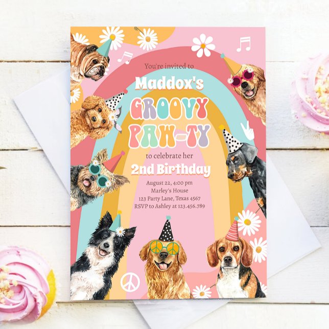 Convites Groovty Retro Daisy Hippie Dog Girl Aniversário (Criador carregado)