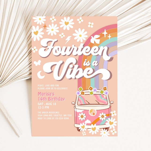 Convites Groovy 14 Hippie Vibe Pink Daisy Birthday (Criador carregado)