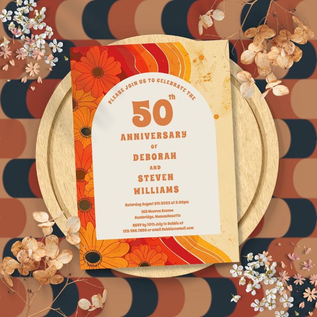 Convites Groovy 1970, 50º Aniversário de Casamento (Groovy 1970s 50th Wedding Anniversary Invitation)