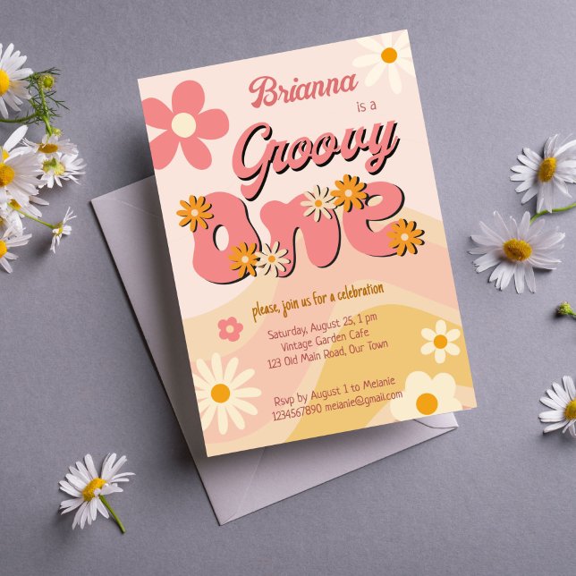 Convites Groovy 1 retro Daisy primeira festa de aniversário (Groovy one vintage retro daisy first birthday party invitation template instant download boho daisy )