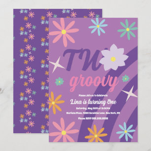 Convites Groovy 2 Floral Primeiro Aniversário Retro Roxo In