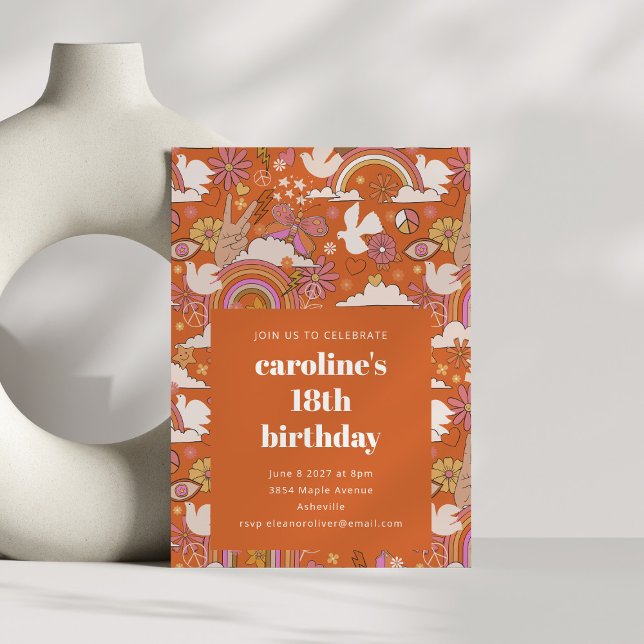 Convites Groovy 70s Retro Hippie Peace Orange 18º aniversár (Criador carregado)