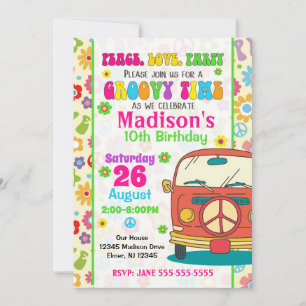 Convites Groovy 70s Themed Birthday Invitation/Hippie Van