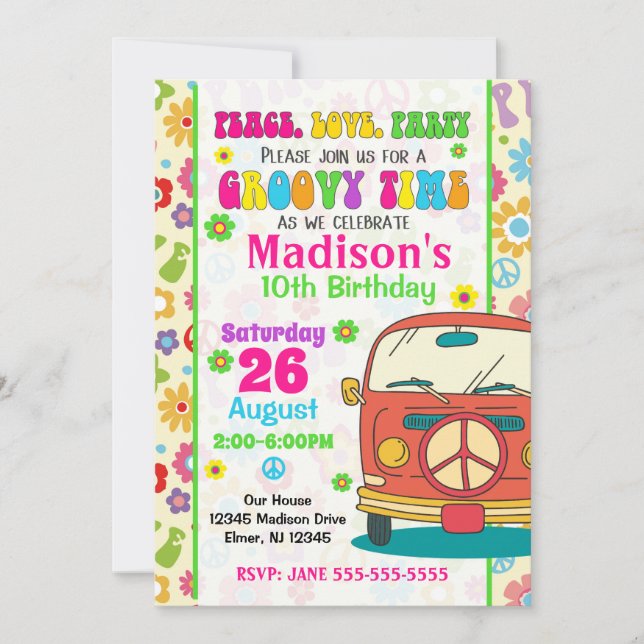 Convites Groovy 70s Themed Birthday Invitation/Hippie Van (Frente)