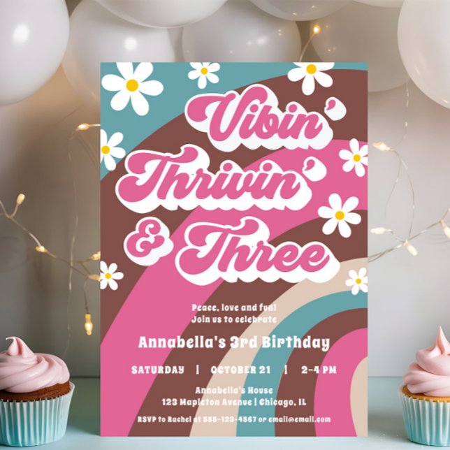 Convites Groovy aniversário de 3 anos Vibin' Thrivin' TRÊS  (Criador carregado)