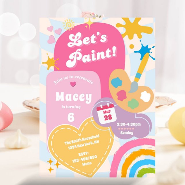 Convites Groovy Art Party Pintura Festa de aniversário Girl (Painting Birthday Party Invitation, ANY AGE, Daisy Paint Party Birthday Invite, Retro Girl, Paint Bi)