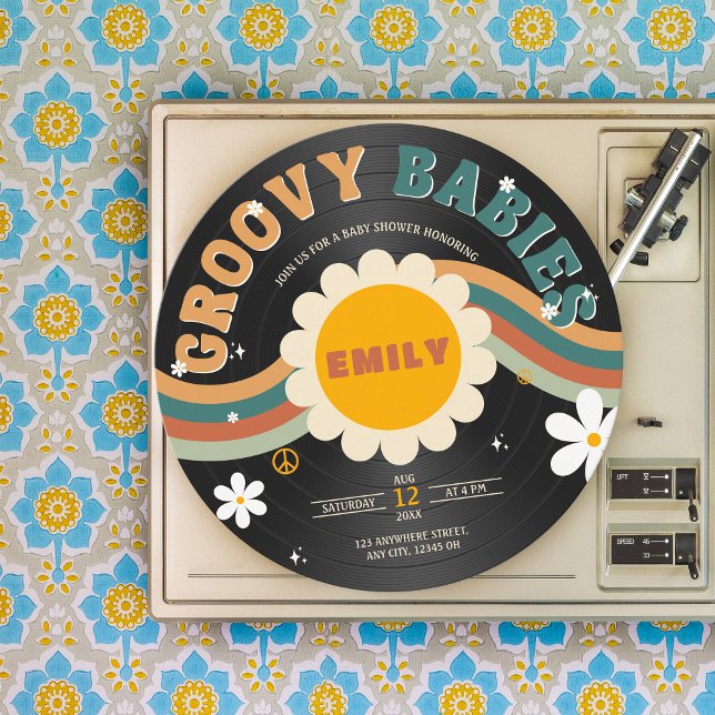 Convites Groovy Babies Retro Vinil Record Chá de fraldas Gê (Groovy Babies Twins Baby Shower Retro )