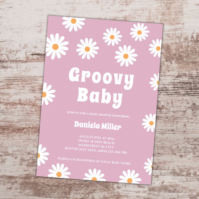Convites Groovy Baby Girl Daisy 70s Chá de fraldas (groovy baby retro 70s daisy girl baby shower invitation)