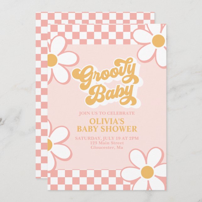 Convites Groovy Baby Retro Check Pink Daisy (Frente/Verso)