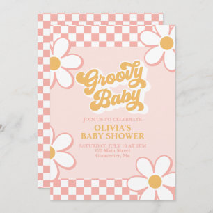 Convites Groovy Baby Retro Check Pink Daisy