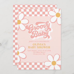 Convites Groovy Baby Retro Check Pink Daisy