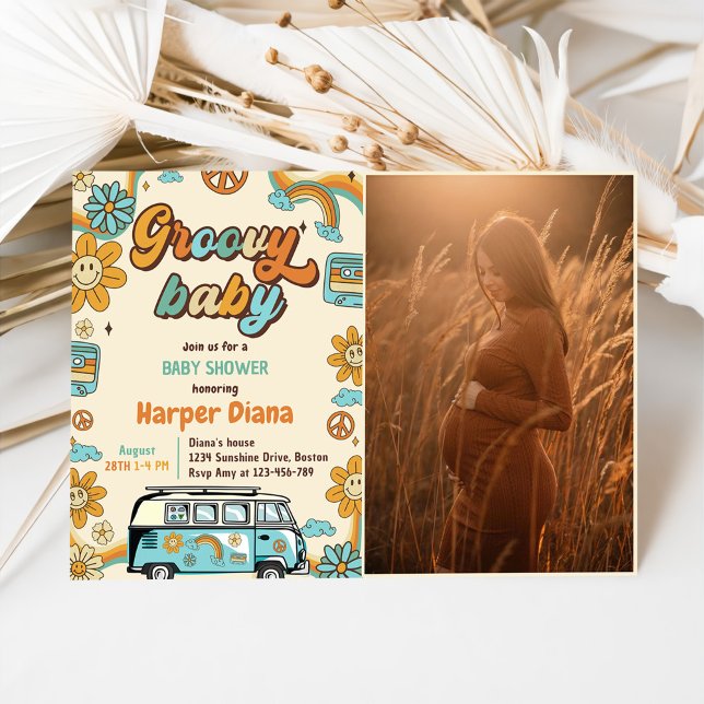 Convites Groovy Baby Retro Rainbow Party - Chá de fraldas (Criador carregado)