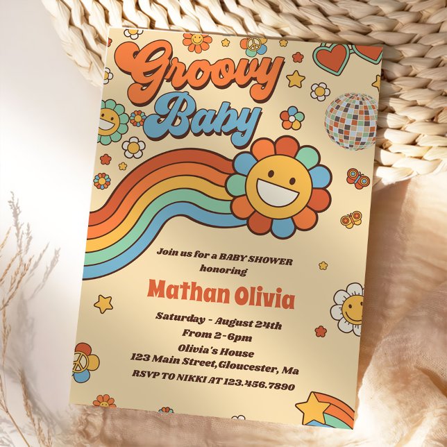 Convites Groovy Baby Retro Rainbow Party - Chá de fraldas (Criador carregado)