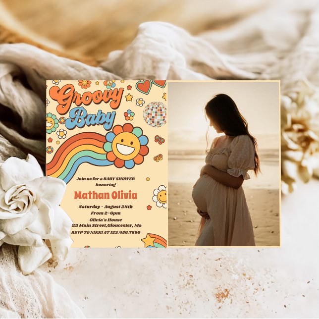Convites Groovy Baby Retro Rainbow Party - Chá de fraldas (Criador carregado)