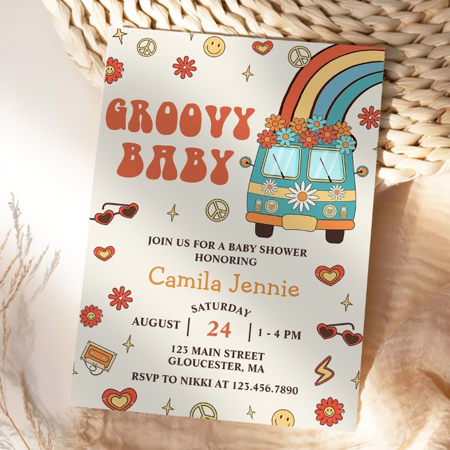 Convites Groovy Baby Retro Rainbow Party - Chá de fraldas (Criador carregado)