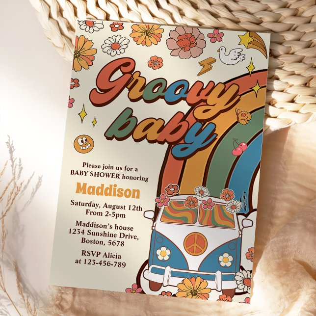 Convites Groovy Baby Retro Rainbow Party - Chá de fraldas (Criador carregado)
