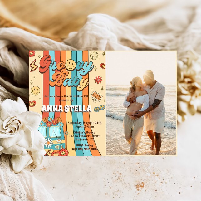 Convites Groovy Baby Retro Rainbow Party Foto do Chá de fra (Criador carregado)