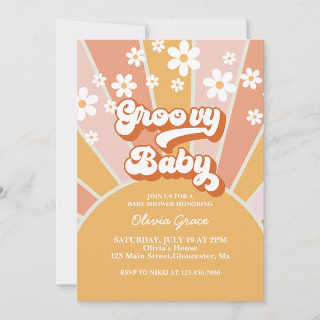 Convites Groovy Baby Retro Sol Sunshine Daisy Chá de Bebê (Frente)