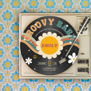 Convites Groovy Baby Retro Vinil Record Chá de fraldas