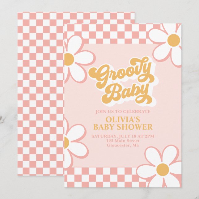 Convites Groovy Baby Retro Xadrez Rosa Margarida (Frente/Verso)