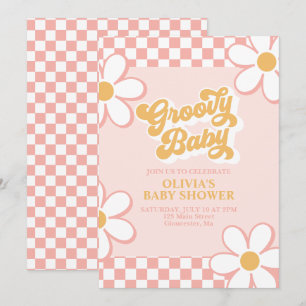 Convites Groovy Baby Retro Xadrez Rosa Margarida
