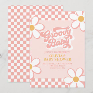 Convites Groovy Baby Retro Xadrez Rosa Margarida