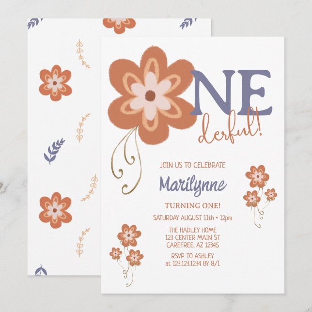 Convites Groovy Boho Margarida Primeiro Aniversário Incríve (Frente/Verso)