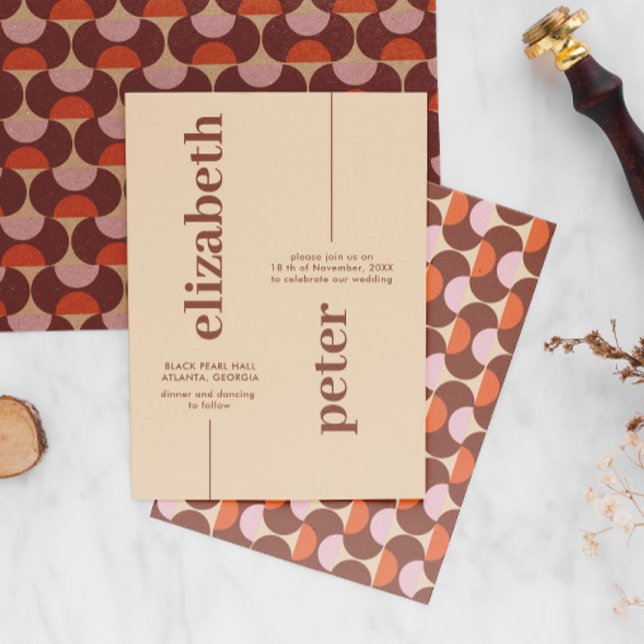 Convites Groovy Brown Retro 70s Casamento Geométrico (Criador carregado)